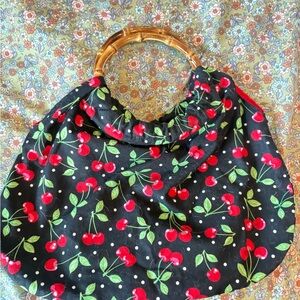 Cherry Patterned Black Shoulder Bag with Bamboo Handle